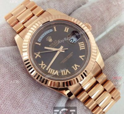 Replica Rolex Day Date II Watch Rose Gold Brown Roman Markers